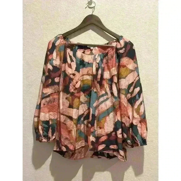 Chenault Womens Floral‎ 3/4 Bubble Sleeve Blouse Sz L Pink Pastel Fall Bloomcore - Picture 1 of 10